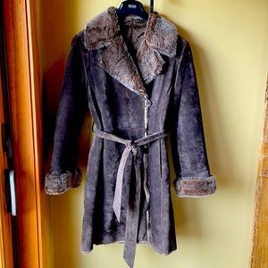 Genuine leather suede and faux fur trench coat